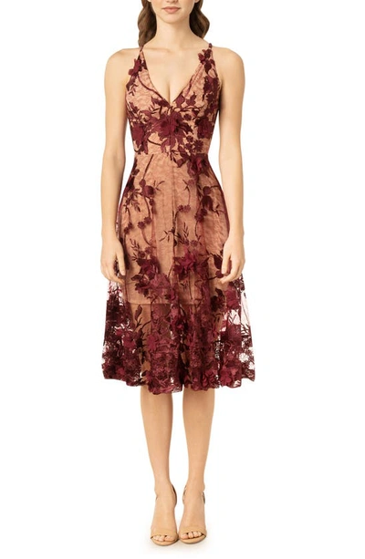 Shop Dress The Population Audrey Embroidered Fit & Flare Dress In Burgundy