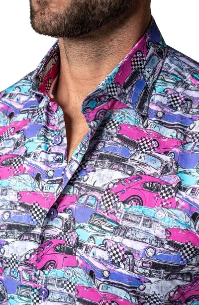 Shop Maceoo Fibonacci Retro Cars Contemporary Fit Button-up Shirt In Blue Multi