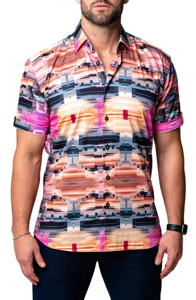 Shop Maceoo Galileo Glitch Multi Short Sleeve Contemporary Fit Button-up Shirt In Pink Multi
