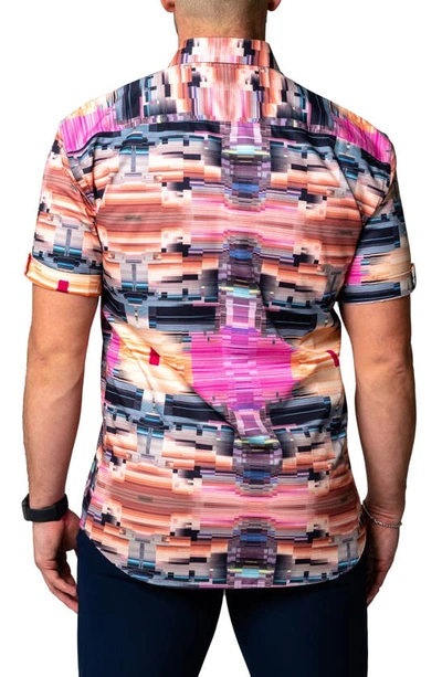 Maceoo Galileo Glitch Multi Short Sleeve Contemporary Fit Button-up Shirt In Pink Multi