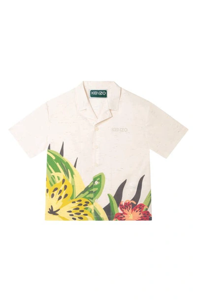 Shop Kenzo Kids' Tropical Print Short Sleeve Cotton Button-up Shirt In Sand