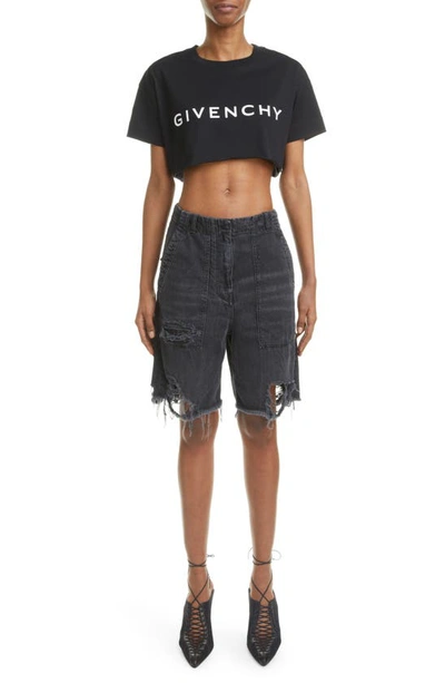 Shop Givenchy Distressed Denim Cargo Shorts In Charcoal