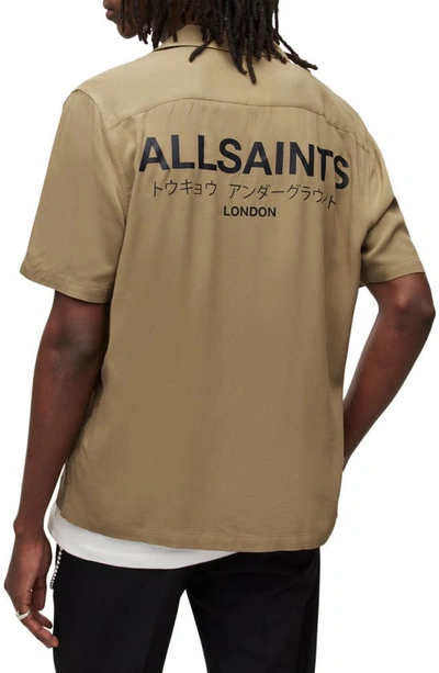 Shop Allsaints Underground Logo Graphic Short Sleeve Camp Shirt In Khaki Brown/ Jet Black