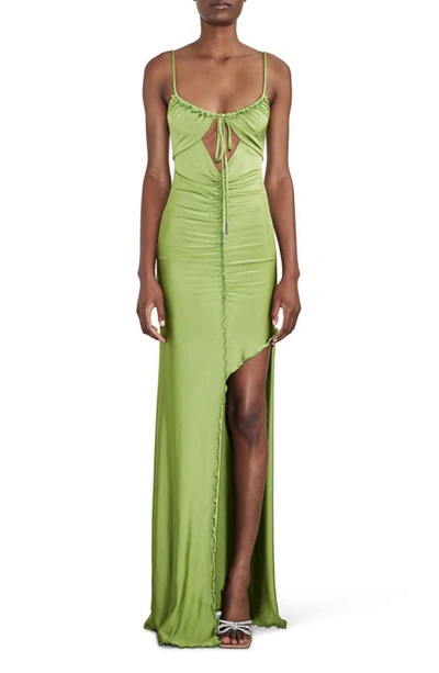 Shop Et Ochs Ruched Cutout Stretch Satin Maxi Dress In Fern