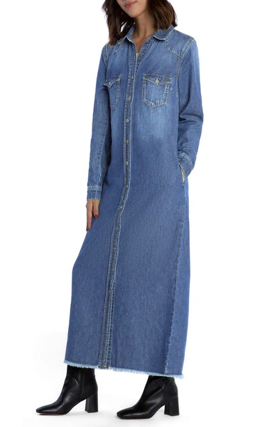 Shop Wash Lab Denim Long Sleeve Denim Maxi Shirtdress In Montery Blue