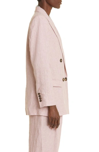 Shop Brunello Cucinelli Double Breasted Crinkled Linen Blazer In C052 Dusty Pink