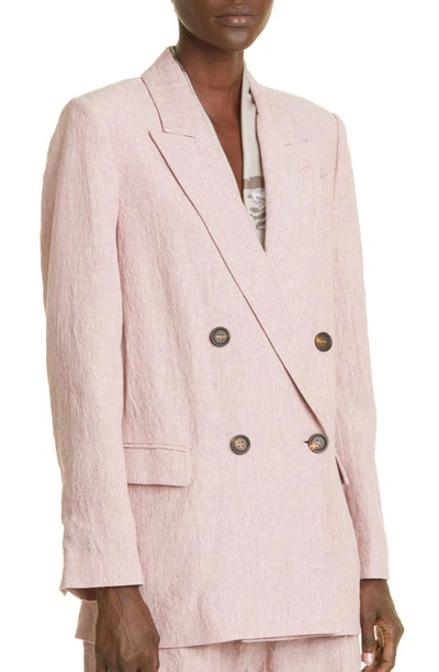 Shop Brunello Cucinelli Double Breasted Crinkled Linen Blazer In C052 Dusty Pink