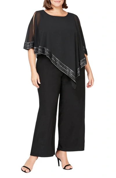 Shop Sl Fashions Foil Trim Asymmetric Popover Jumpsuit In Black