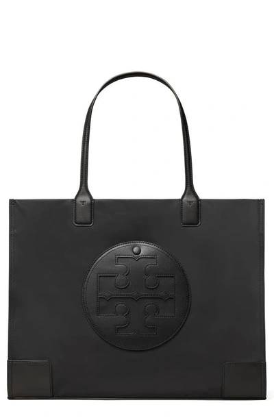 Tory Burch Small Ella Shopping Bag In Recycled Fabric With Front Logo In Black