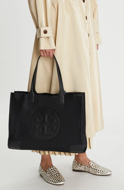 Tory Burch Small Ella Shopping Bag In Recycled Fabric With Front Logo In Black