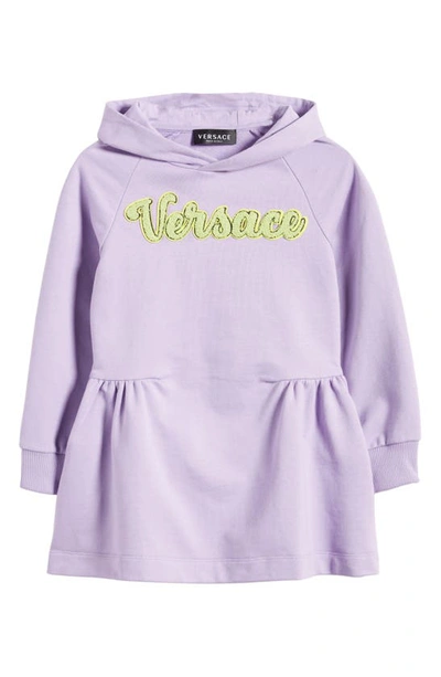 Shop Versace Kids' Logo Appliqué Gathered Cotton Sweatshirt Dress In Baby Violet Acid Lime