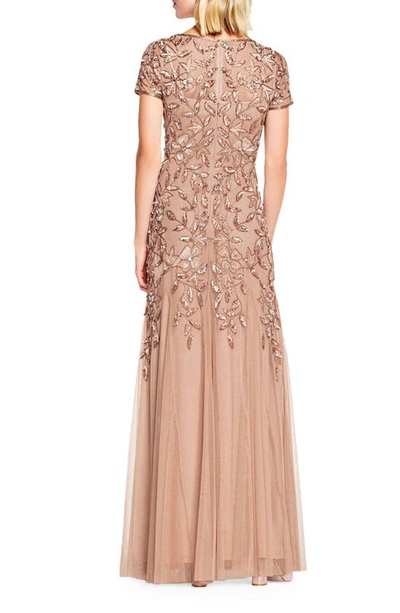 Shop Adrianna Papell Floral Embroidered Beaded Trumpet Gown In Rose Gold