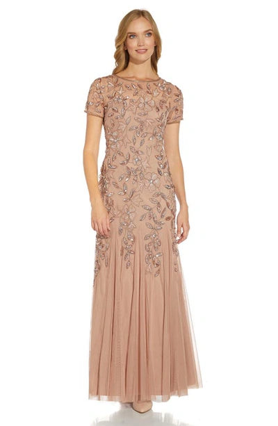 Shop Adrianna Papell Floral Embroidered Beaded Trumpet Gown In Rose Gold