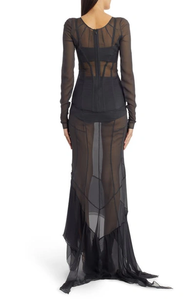 Shop Dolce & Gabbana Boning Detail Long Sleeve High-low Silk Crepe Gown In Dark Grey