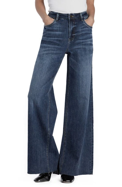 Shop Hint Of Blu Happy Shaggy High Waist Raw Hem Wide Leg Jeans In Fray Blue
