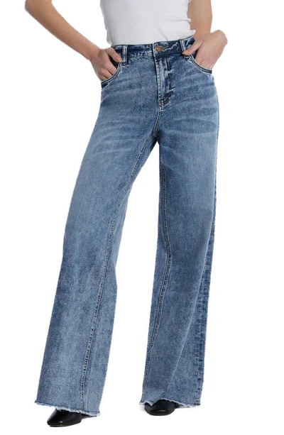 Shop Hint Of Blu Happy Shaggy High Waist Raw Hem Wide Leg Jeans In Shag Blue