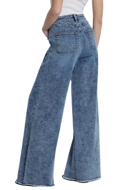 Hint Of Blu Happy Shaggy High Waist Raw Hem Wide Leg Jeans In Shag Blue