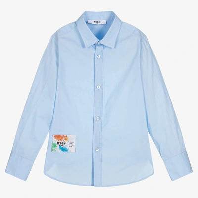 Shop Msgm Boys Blue Cotton Poplin Shirt