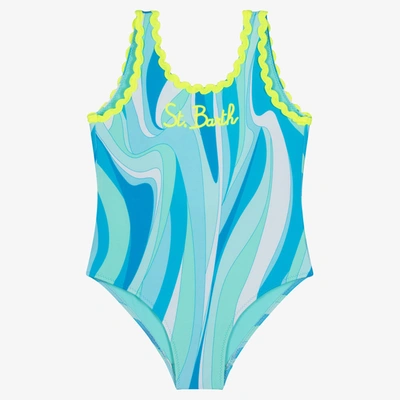 Shop Mc2 Saint Barth Girls Blue Wave Print Logo Swimsuit