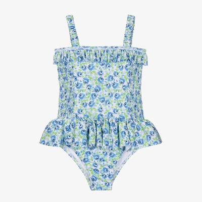 Shop Beatrice & George Girls Blue Floral Ruched Swimsuit (upf50+)