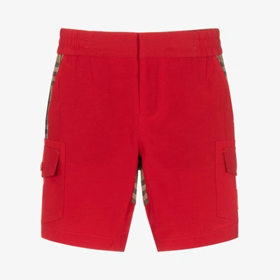Shop Burberry Boys Red & Beige Check Cargo Shorts