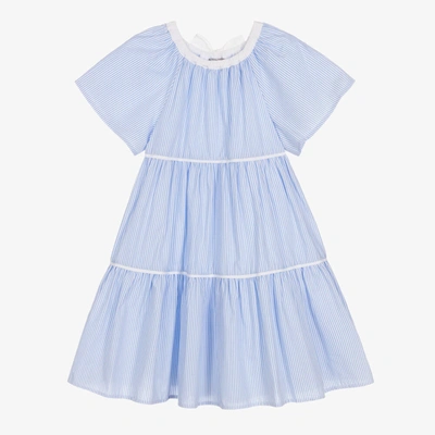 Shop Il Gufo Girls Blue Striped Cotton Dress