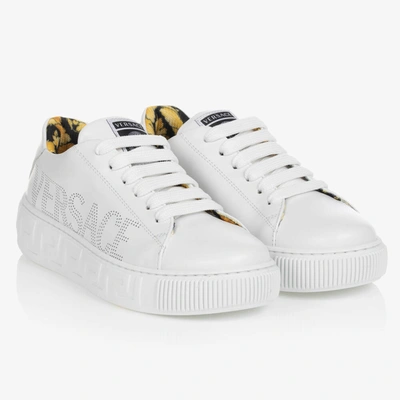 Shop Versace White Leather Logo Trainers