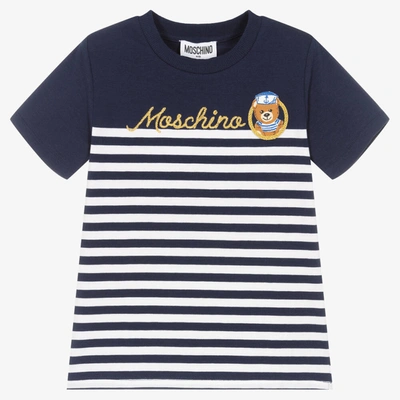 Shop Moschino Kid-teen Blue & White Striped Cotton T-shirt