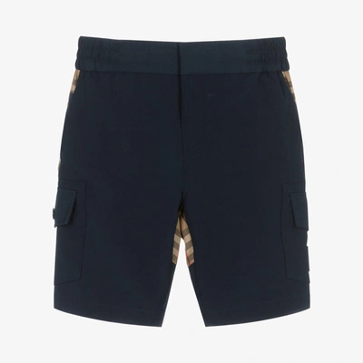 Shop Burberry Boys Blue & Beige Check Cargo Shorts