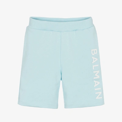 Shop Balmain Boys Blue Cotton Logo Shorts