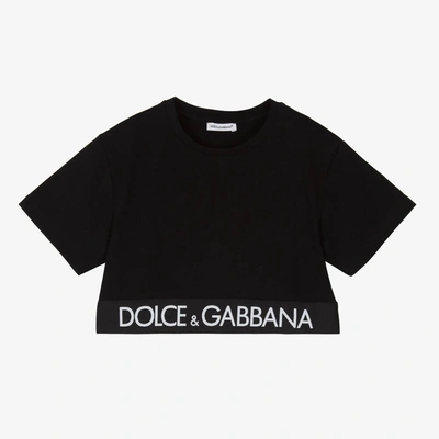 Shop Dolce & Gabbana Girls Black Cotton Logo Cropped T-shirt