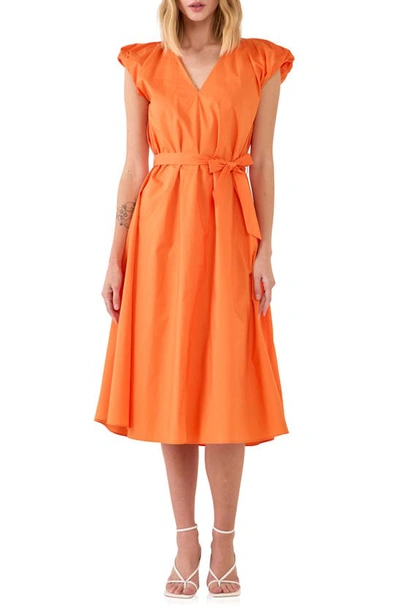 Shop English Factory Puff Sleeve Cotton Midi Dress In Orange