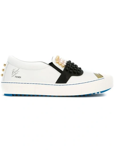 Fendi Embellished Slip-on Leather Sneakers In White