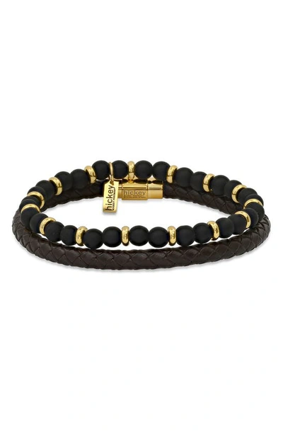 Shop Hmy Jewelry 18k Yellow Gold Beaded & Leather Bracelet Duo In 18k Gold Steel/ Black