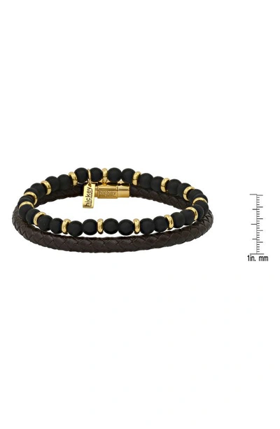Shop Hmy Jewelry 18k Yellow Gold Beaded & Leather Bracelet Duo In 18k Gold Steel/ Black