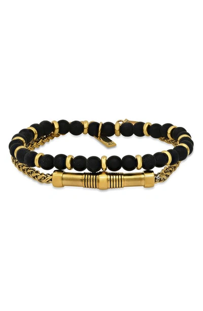 Shop Hmy Jewelry 18k Yellow Gold Beaded Bracelet Duo In 18k Gold Steel/ Black