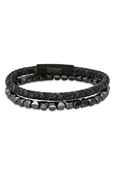 Shop Hmy Jewelry Beaded Stainless Steel & Faux Leather Bracelet Duo In Charcoal