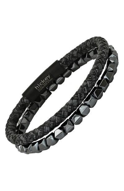 Shop Hmy Jewelry Beaded Stainless Steel & Faux Leather Bracelet Duo In Charcoal