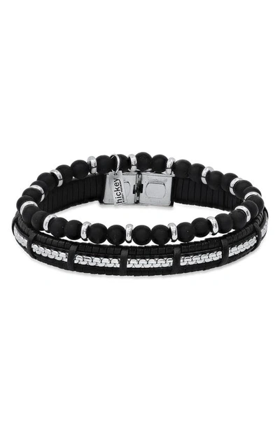 Shop Hmy Jewelry Beaded Stainless Steel & Leather Bracelet Duo In Steel/ Black