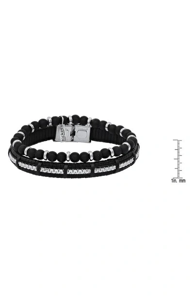 Hmy Jewelry Beaded Stainless Steel & Leather Bracelet Duo In Steel/ Black