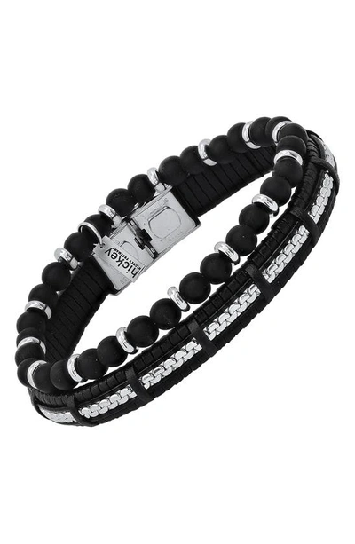 Hmy Jewelry Beaded Stainless Steel & Leather Bracelet Duo In Steel/ Black