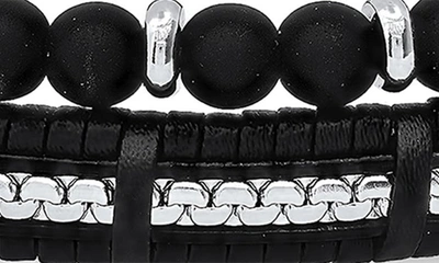 Shop Hmy Jewelry Beaded Stainless Steel & Leather Bracelet Duo In Steel/ Black