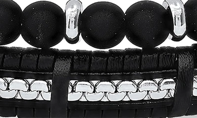 Hmy Jewelry Beaded Stainless Steel & Leather Bracelet Duo In Steel/ Black