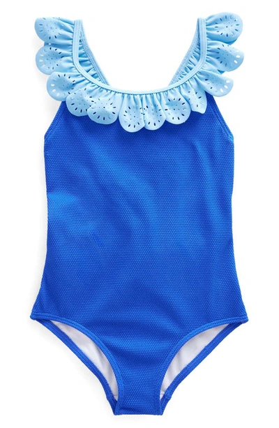 Shop Boden Kids' Ruffle Broderie Anglaise Trim One-piece Swimsuit In Cobalt