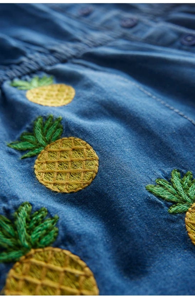 Shop Boden Kids' Pineapple Embroidered Cotton Denim Romper In Mid Vintage Denim