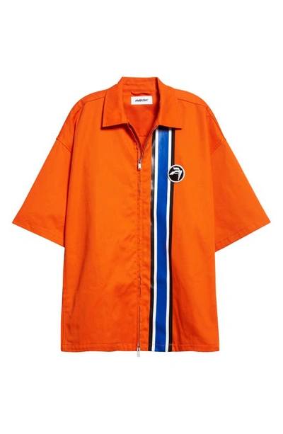Shop Ambush Gender Inclusive Stripe Short Sleeve Zip Overshirt In Vermillion Orange Wh