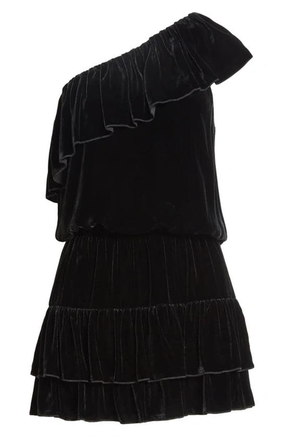Joie One-shoulder Ruffled Velvet Mini Dress In Caviar