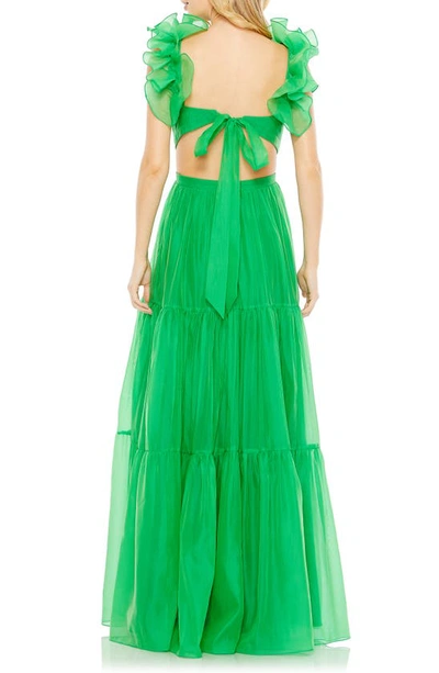 Shop Mac Duggal Plunge Neck Cutout Empire Waist Organza Gown In Emerald