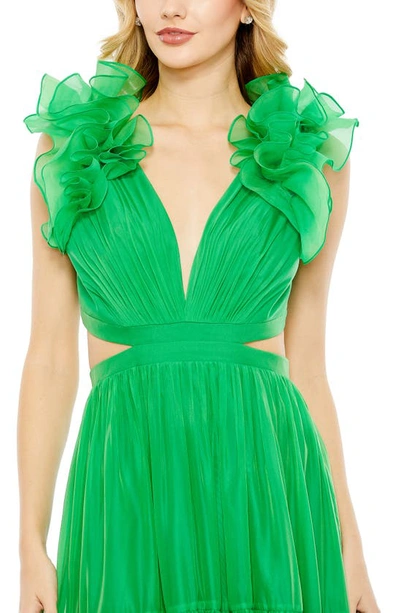 Shop Mac Duggal Plunge Neck Cutout Empire Waist Organza Gown In Emerald