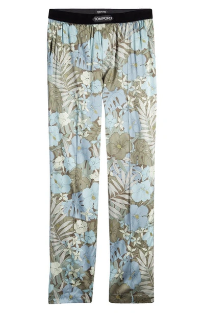 Shop Tom Ford Botanical Print Stretch Silk Pajama Pants In Blue / Green
